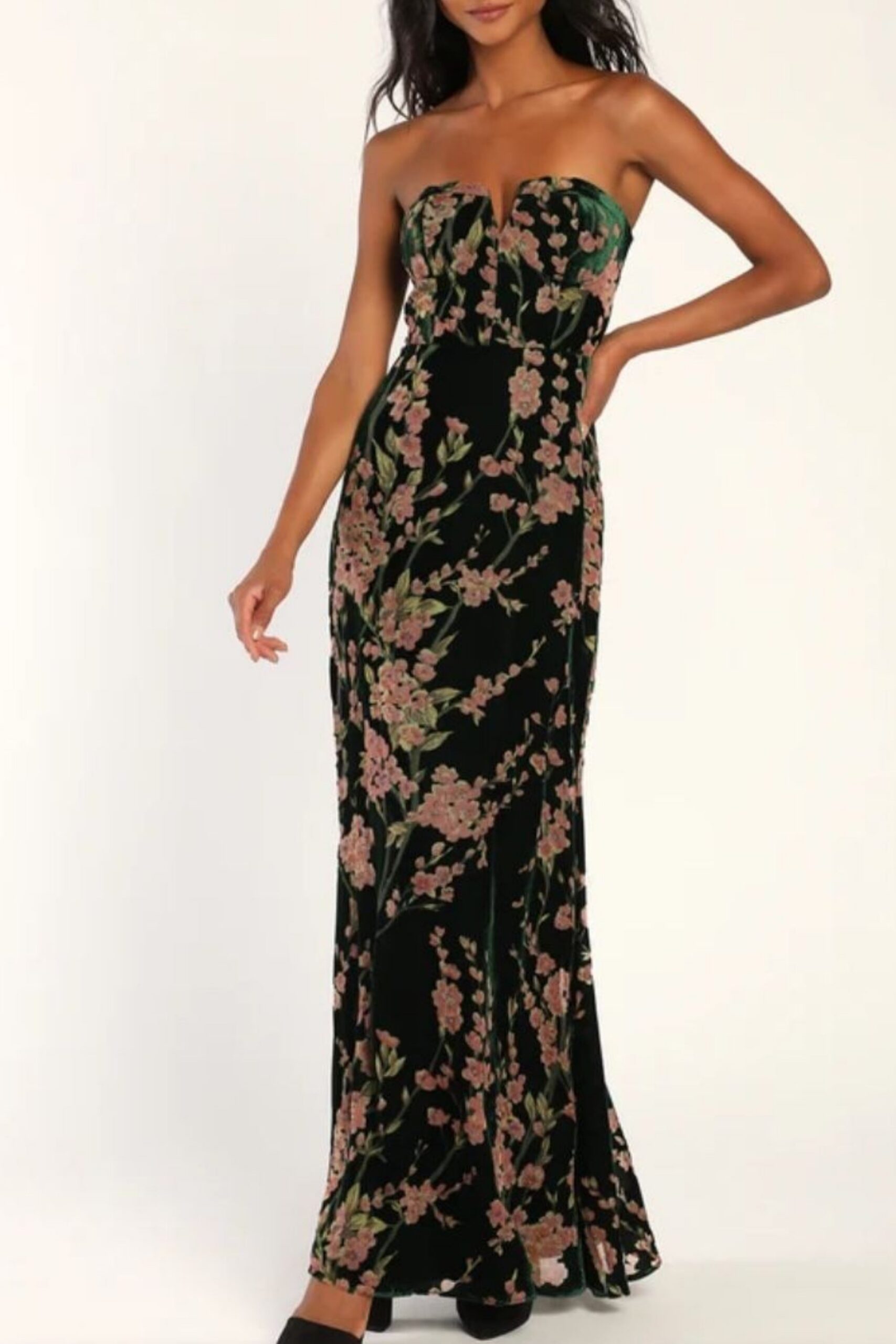 NAVY FLORAL VELVET STRAPLESS MAXI DRESS, FORMAL
