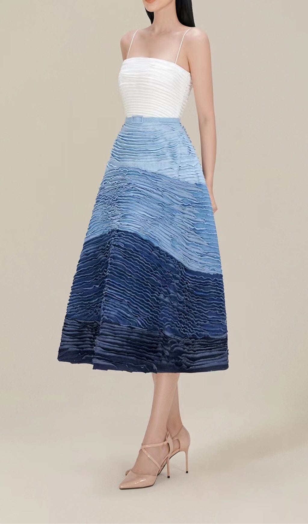 BLUE RIPPLE HALTER MIDI DRESS FOR WEDDING
