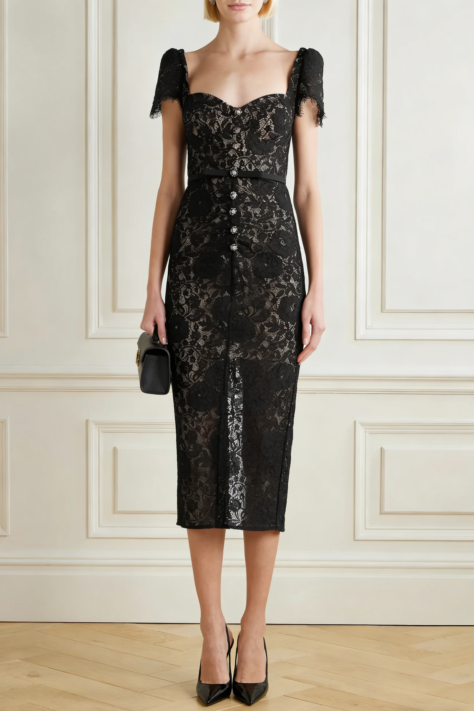 HELEN BLACK LACE MIDI DRESS, BELTED, EMBELLISHED