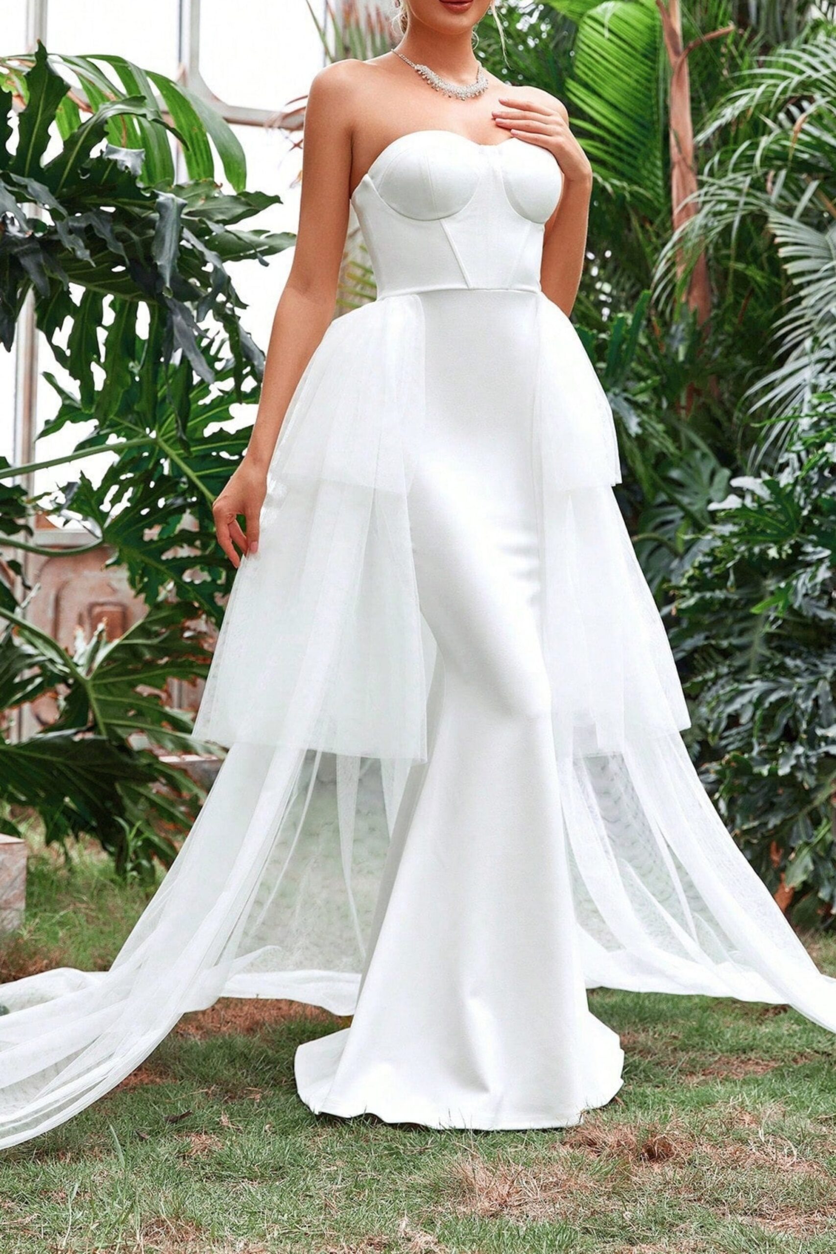 TUBE TOP MERMAID HEM LAYERED MESH DRESS
