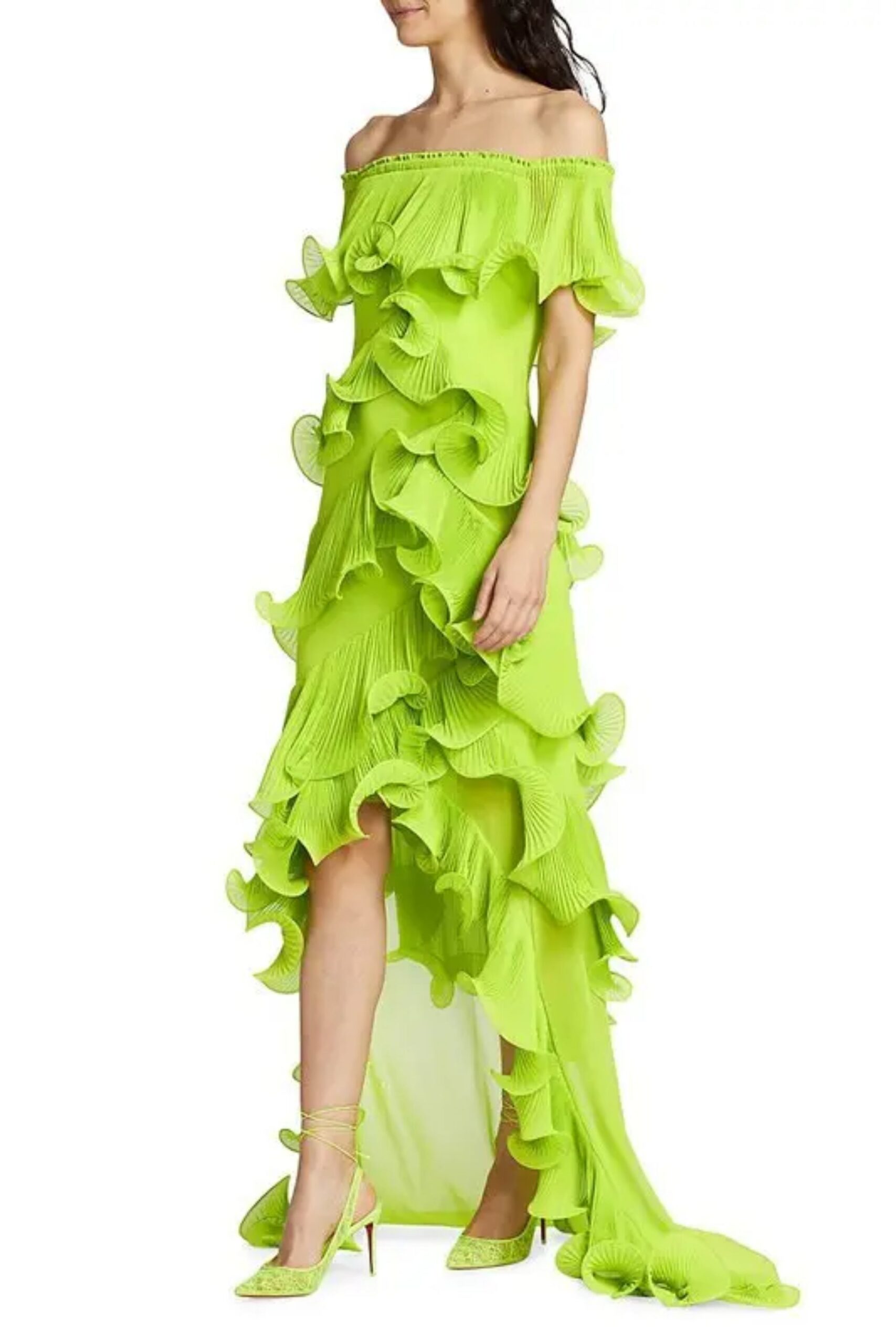 DORA GREEN OFF-SHOULDER PLEATED MAXI DRESS