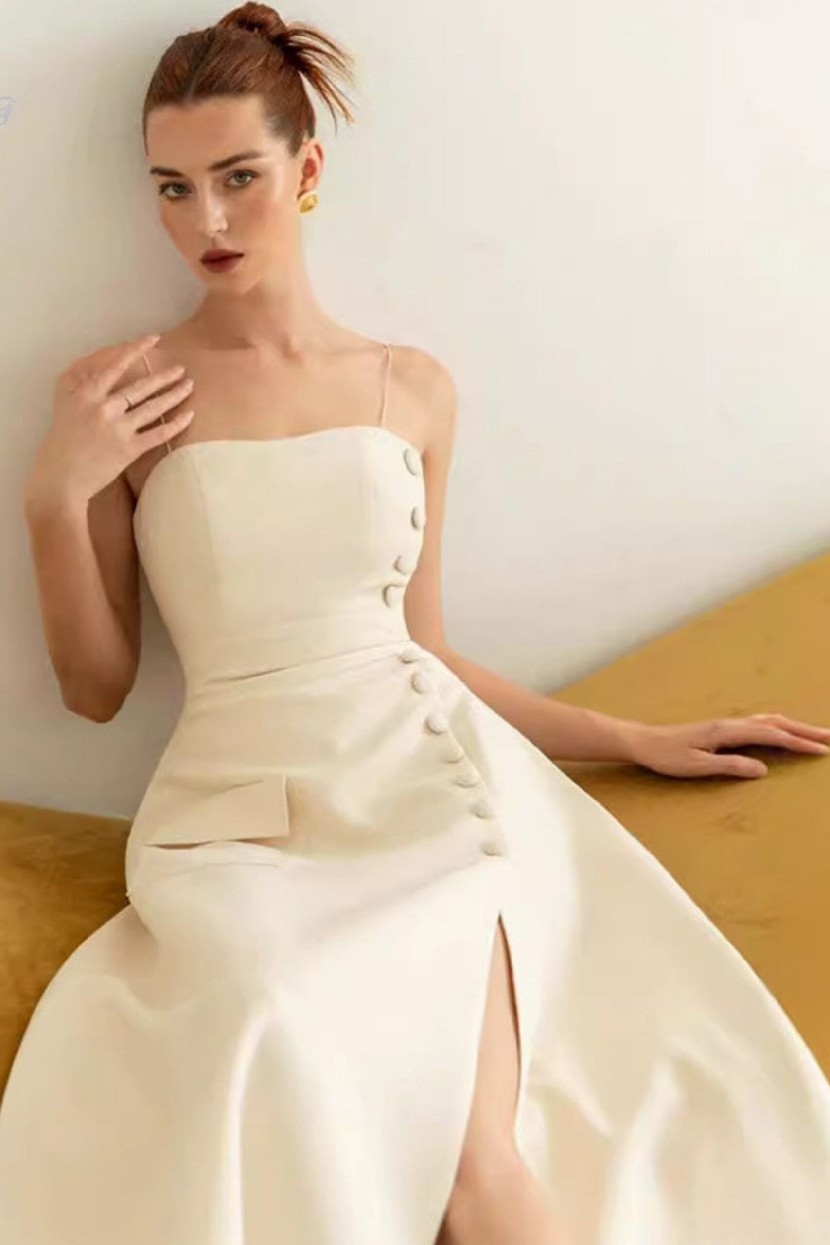ELIO CREAM BUTTON MIDI DRESS, ELEGANT OCCASION