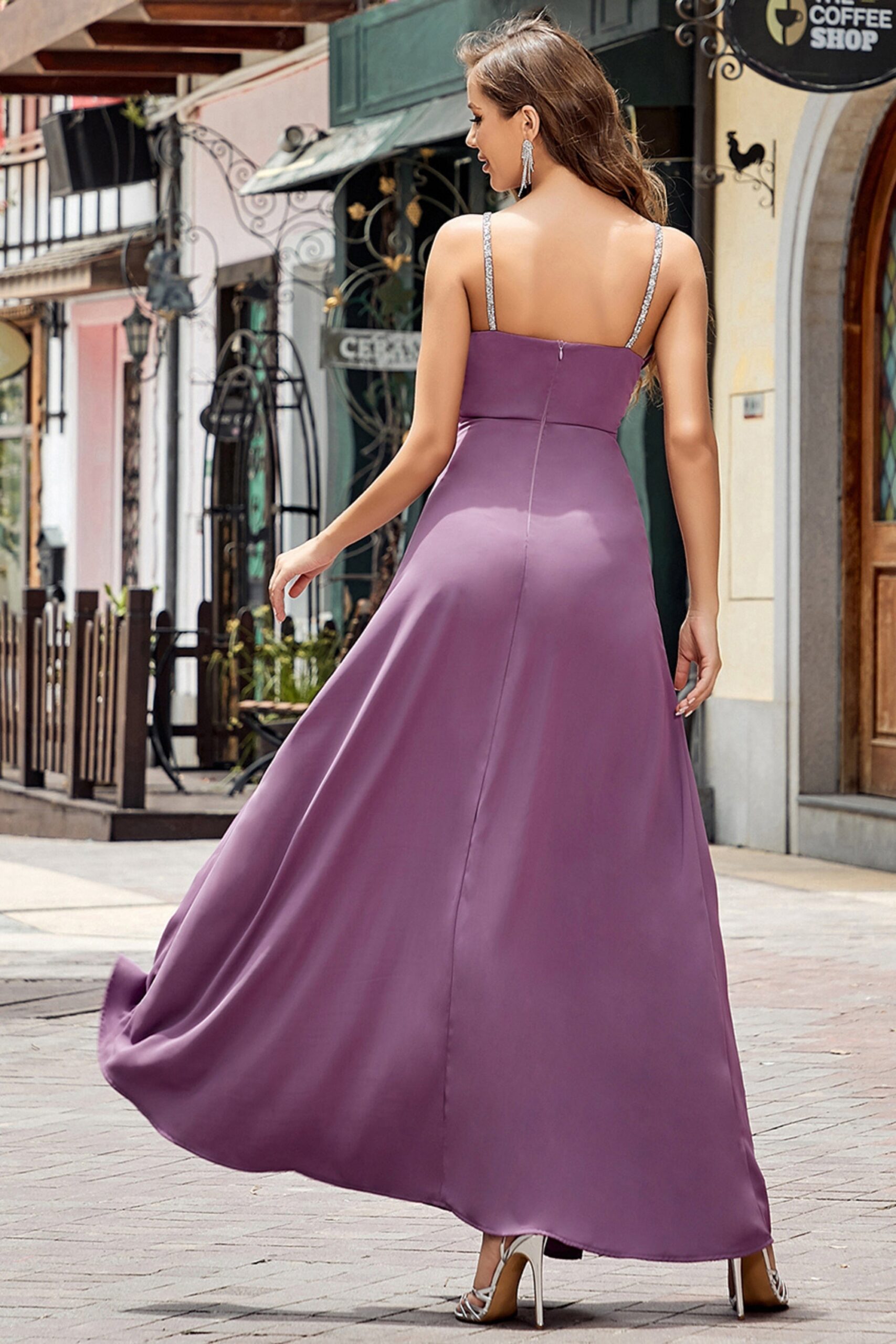 STRAPPY PURPLE MAXI DRESS, HIGH SPLIT, EVENING PARTY