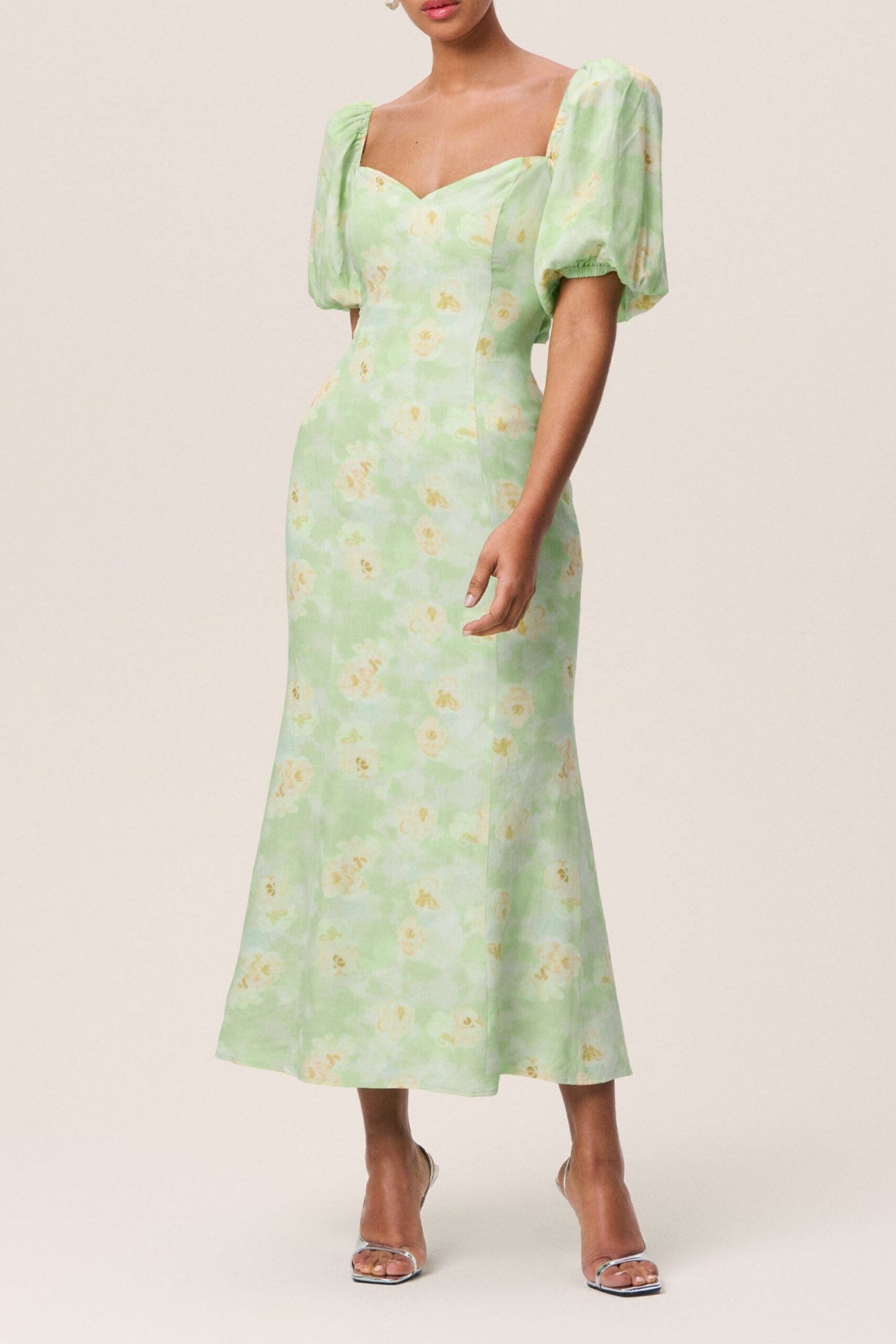 FLORAL PUFF SLEEVE MIDI DRESS FOR WEDDING GUEST