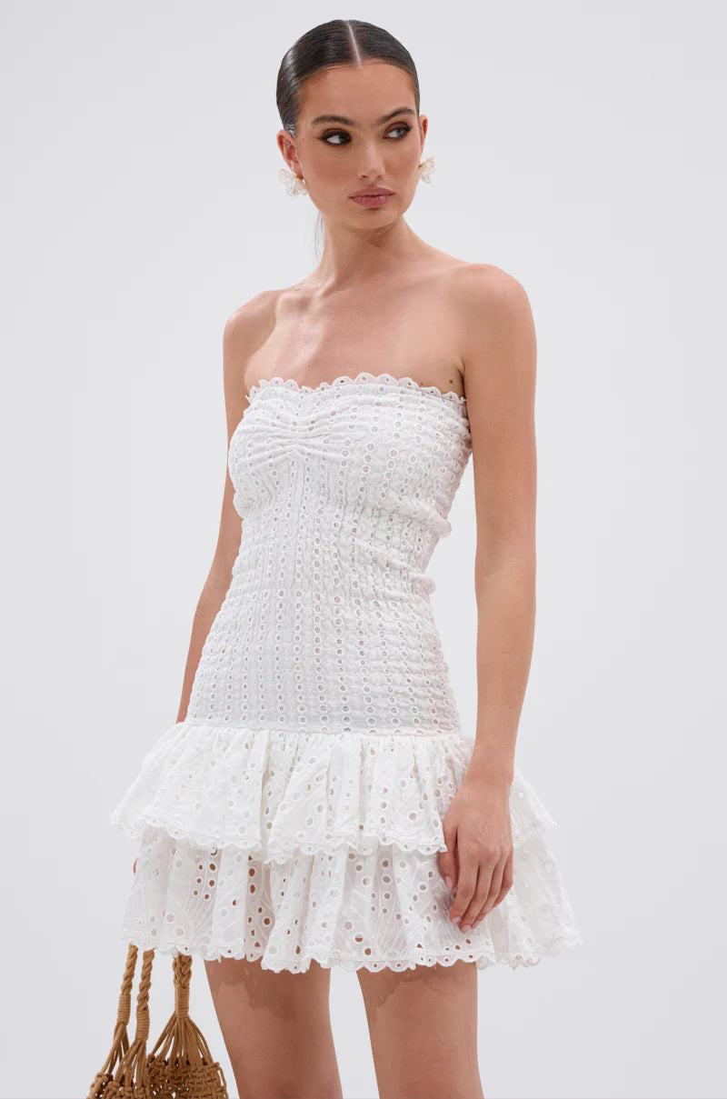 WHITE EYELET STRAPLESS LAYERED MINI DRESS