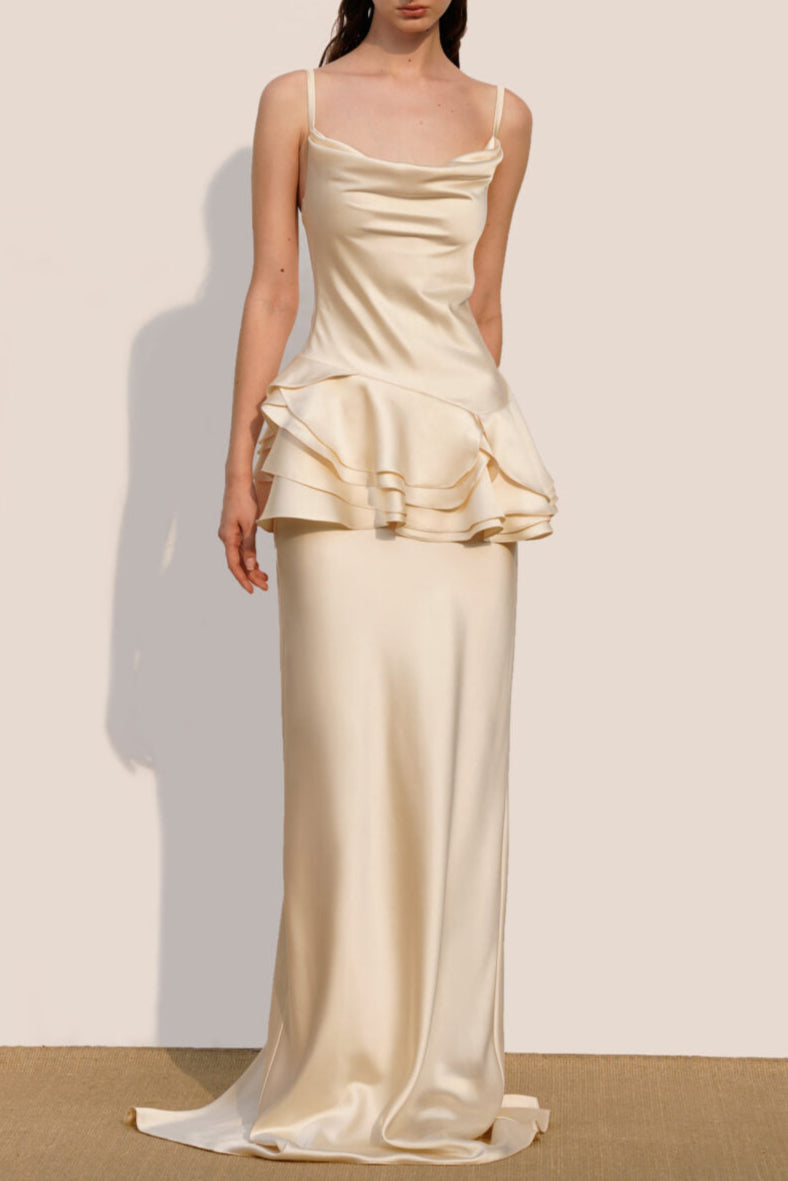 BEVERLY SPLICED RUFFLE SILK MAXI DRESS IN APRICOT