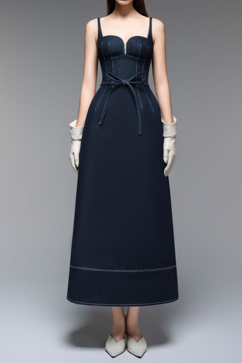 A-LINE DENIM MIDI DRESS, SLEEVELESS CASUAL BLUE