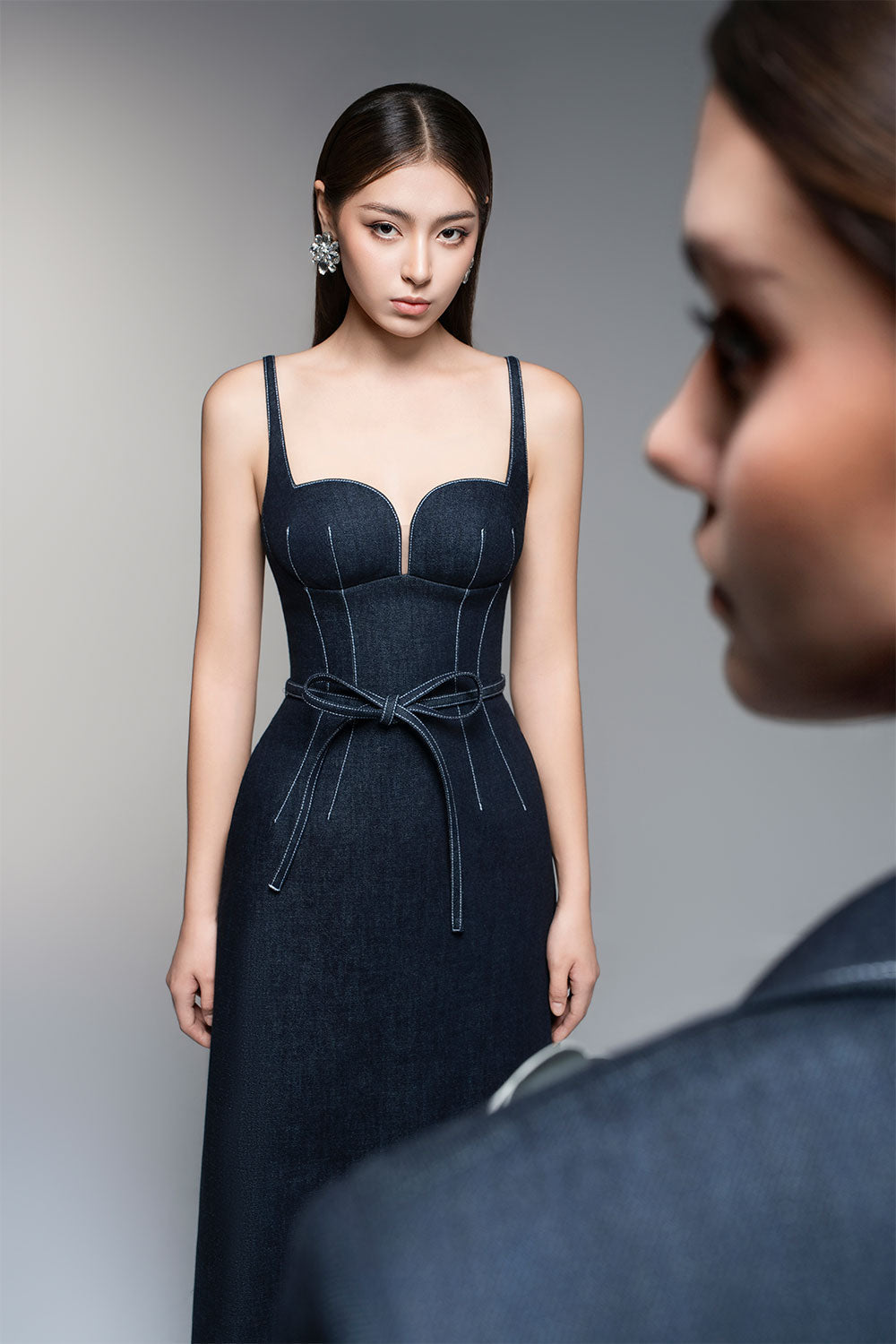 A-LINE DENIM MIDI DRESS, SLEEVELESS CASUAL BLUE
