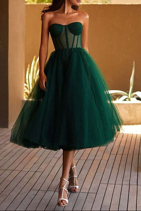 EMERALD GREEN STRAPLESS PUFFY MIDI TULLE DRESS