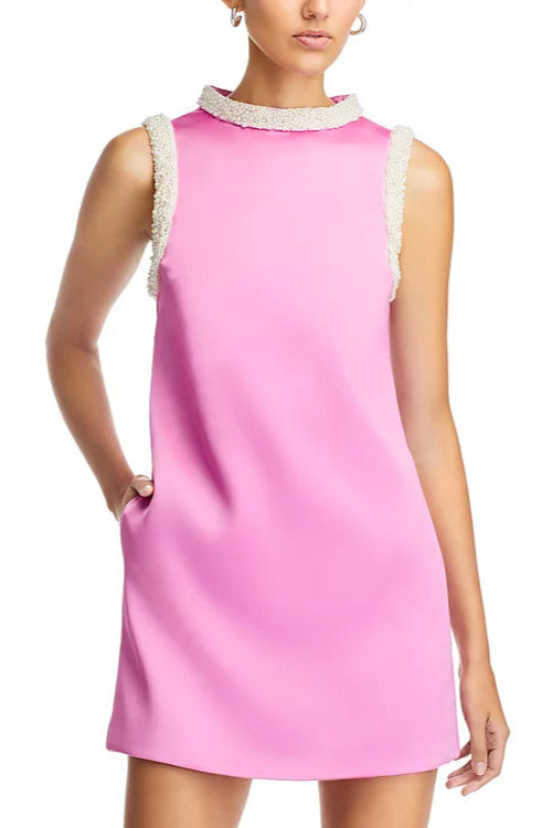 FAUX PEARL SATIN SHIFT MINI DRESS FOR COCKTAIL