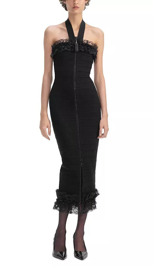 Knit Zip Ruffle Midi Dress in black Knit Zip Ruffle Midi Dress in black