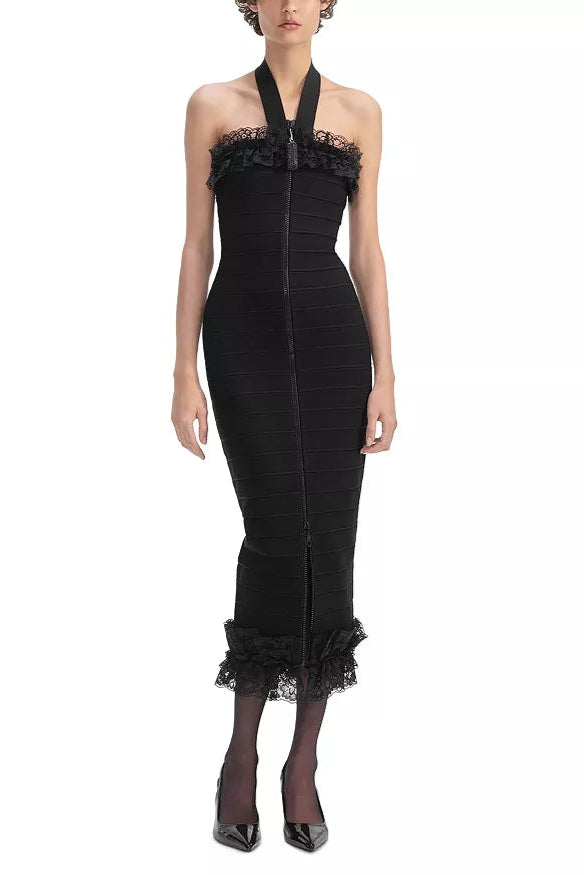 KNIT ZIP RUFFLE MIDI DRESS, BLACK, COCKTAIL