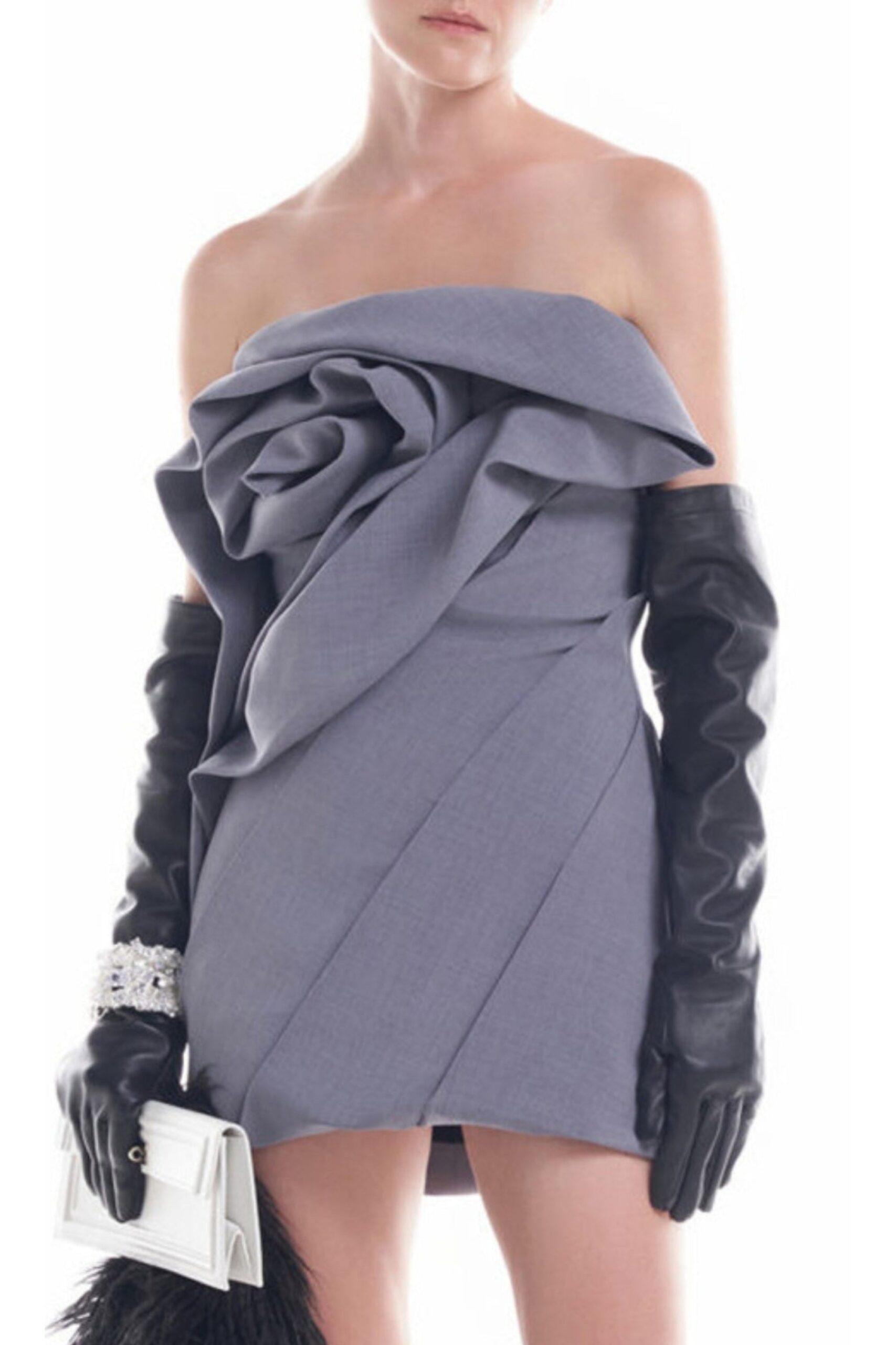 ALISA STRAPLESS GRAY FLOWER MINI DRESS FOR PARTY