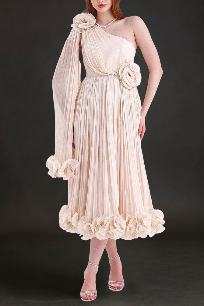 14314534154153 SIMONE ONE SHOULDER 3D FLOWER RUFFLE MAXI DRESS APRICOT