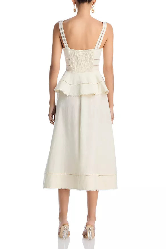 PEPLUM HOLLOW MIDI DRESS BEIGE WEDDING GUEST