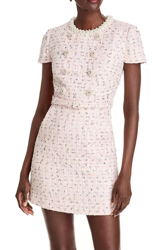 BEADED BOUCLÉ PINK MINI DRESS FOR PARTY