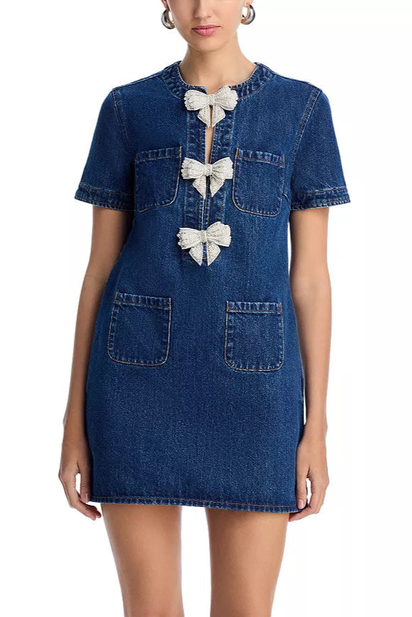 BOW EMBELLISHED DENIM MINI DRESS - BLUE, CASUAL