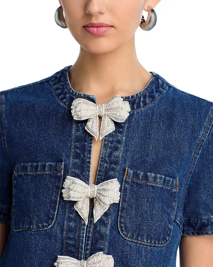 BOW EMBELLISHED DENIM MINI DRESS - BLUE, CASUAL