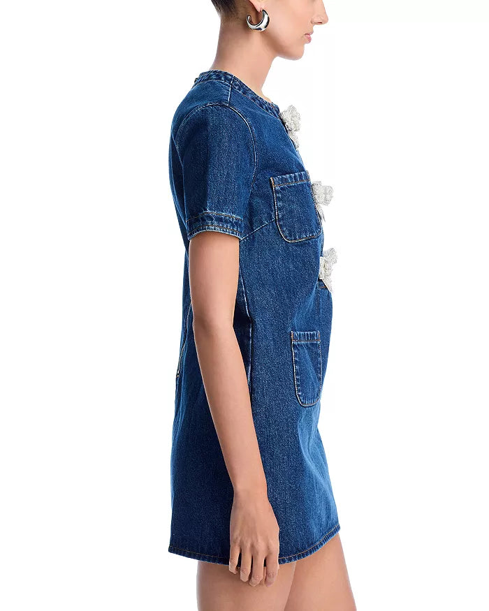 BOW EMBELLISHED DENIM MINI DRESS - BLUE, CASUAL