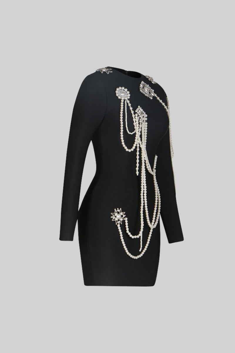 LONG SLEEVE PEARL MINI DRESS - BLACK