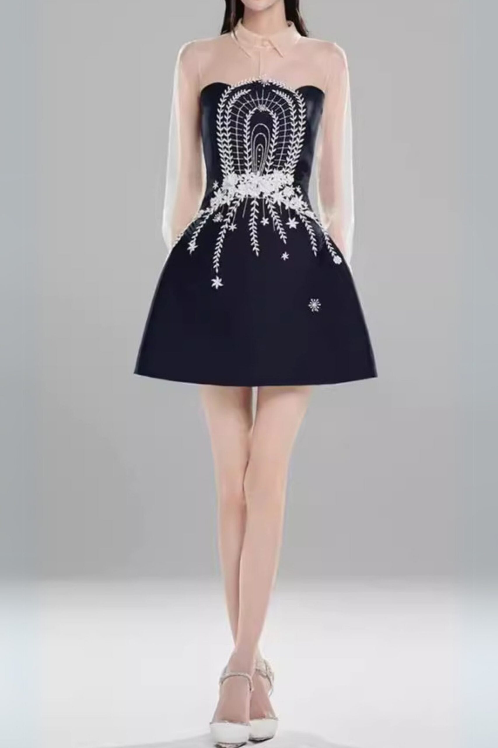 EMBROIDERED TULLE MINI DRESS, DARK BLUE, WEDDING GUEST