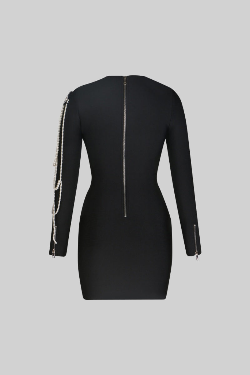 LONG SLEEVE PEARL MINI DRESS - BLACK