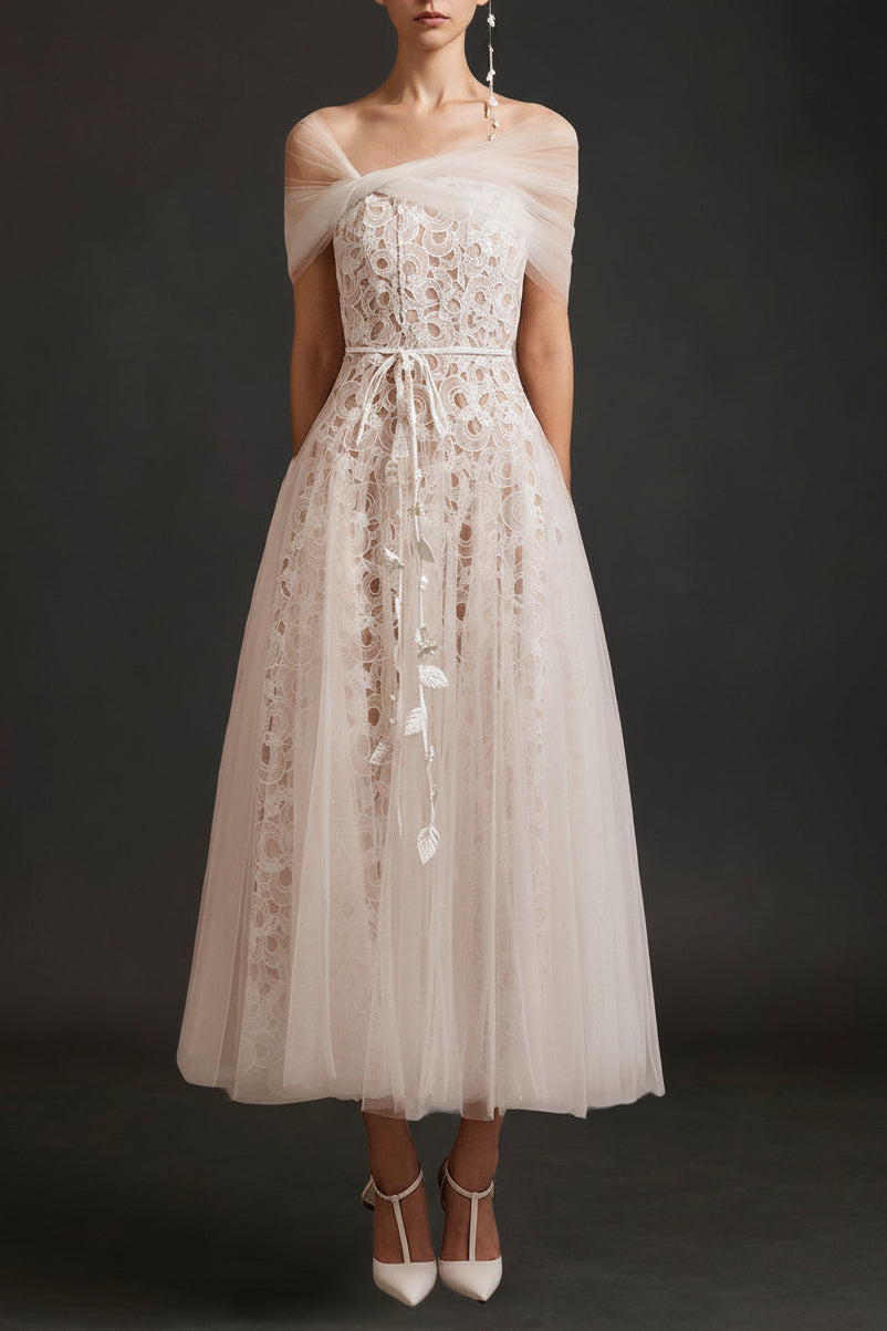 14531414413 MIUA GATHERED LACE MIDI DRESS, WHITE WEDDING GUEST