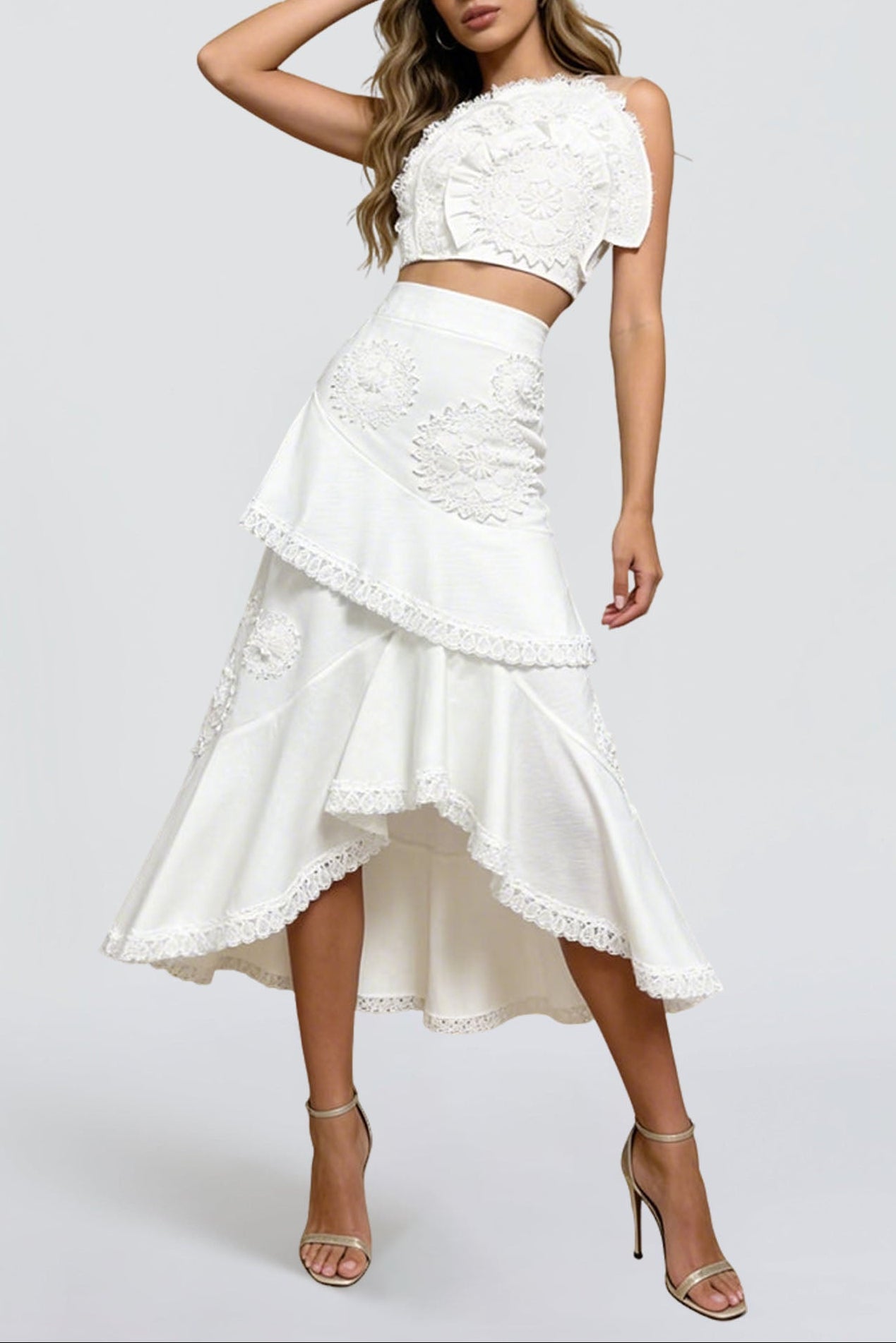 145314313 FLORAL EMBROIDERED RUFFLED STRAPLESS MERMAID SKIRT SET - WHITE