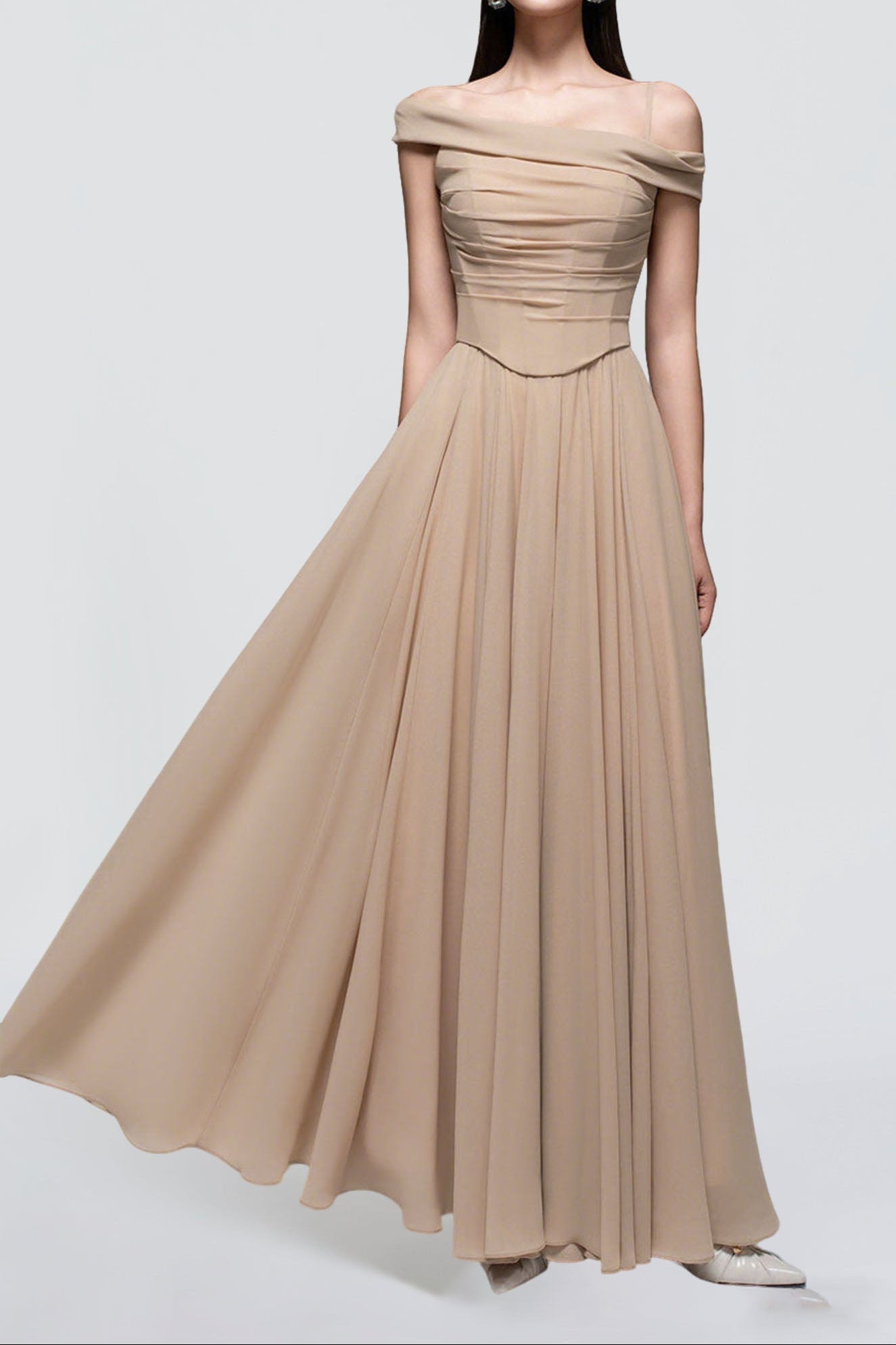 1453143143143 A-LINE DRAPED CHIFFON MAXI DRESS NUDE