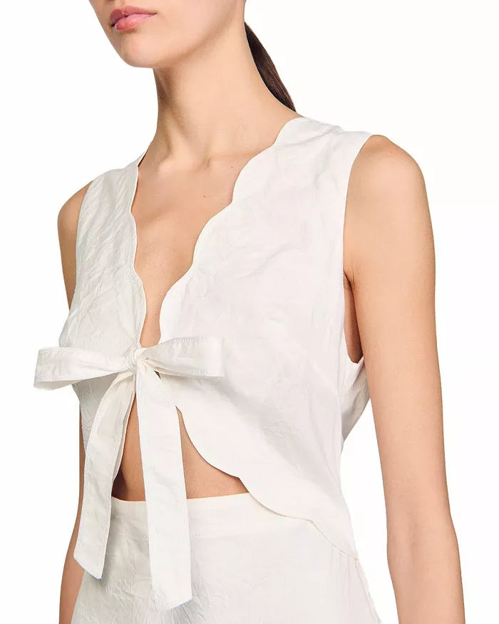 SCALLOP TRIM V-NECK CRINKLED MAXI DRESS ECRU