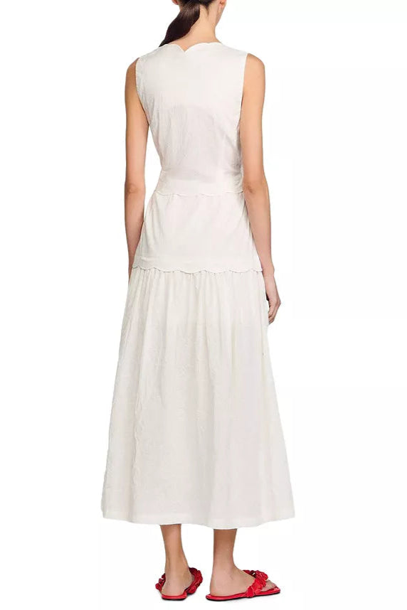SCALLOP TRIM V-NECK CRINKLED MAXI DRESS ECRU