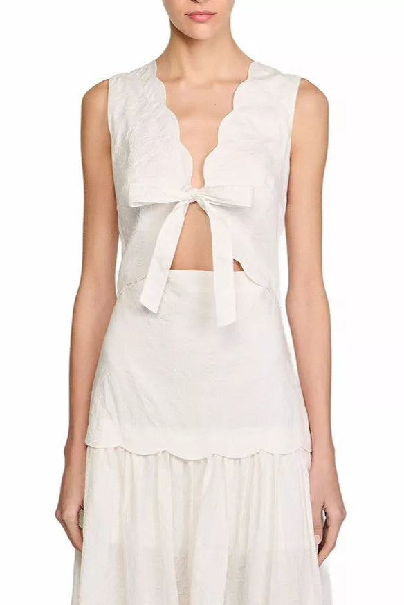 SCALLOP TRIM V-NECK CRINKLED MAXI DRESS ECRU