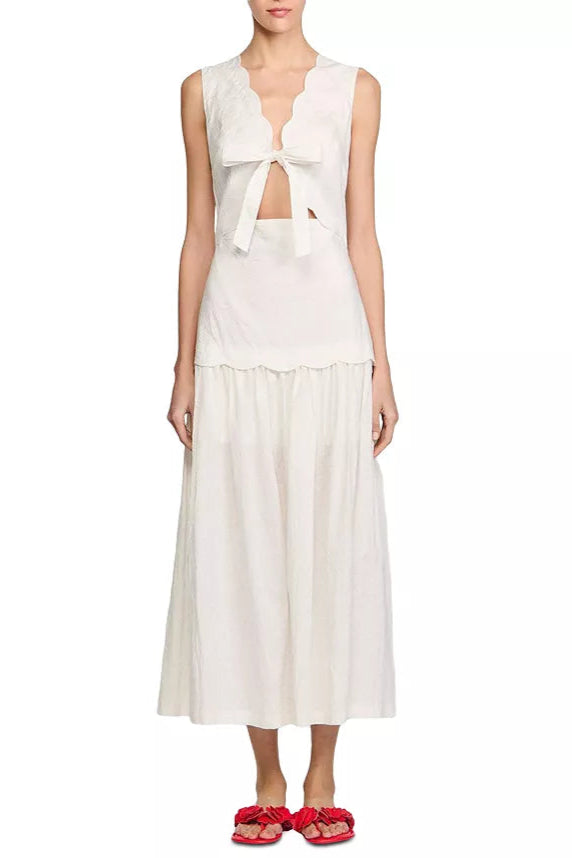 SCALLOP TRIM V-NECK CRINKLED MAXI DRESS ECRU