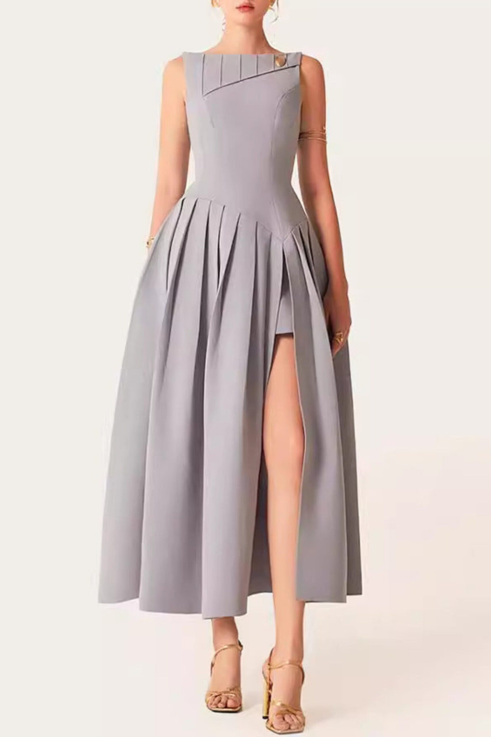146 SLEEVELESS PLEATED SLIT MIDI DRESS GRAY