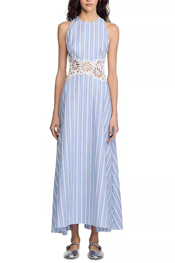 HOLLOW LACE TRIM BLUE MAXI DRESS