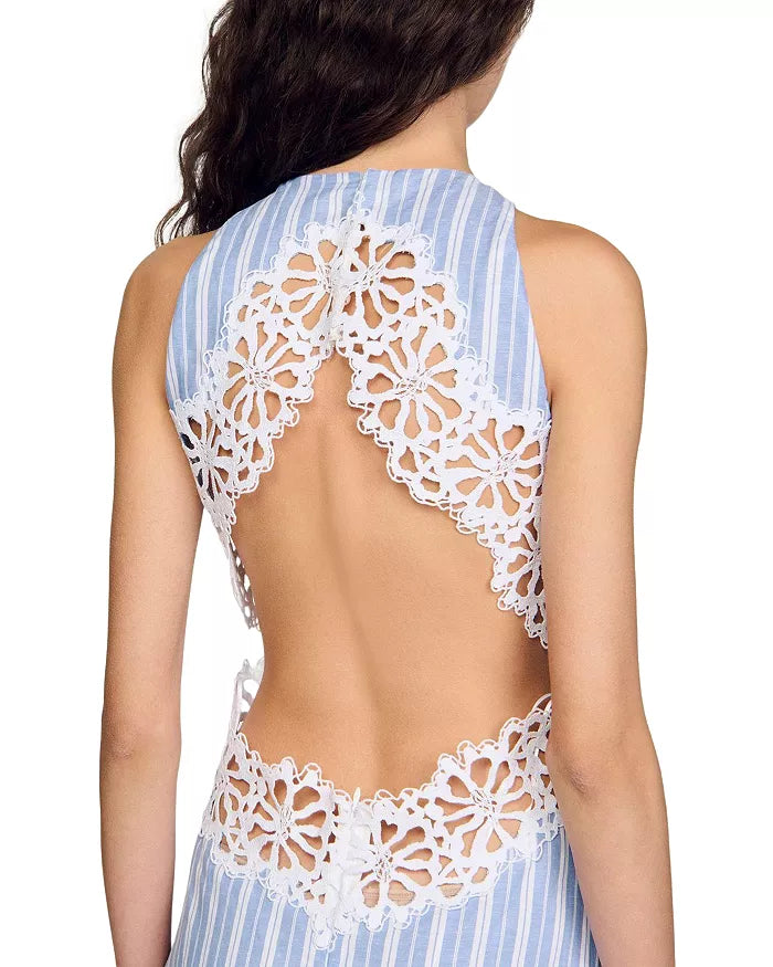 HOLLOW LACE TRIM BLUE MAXI DRESS