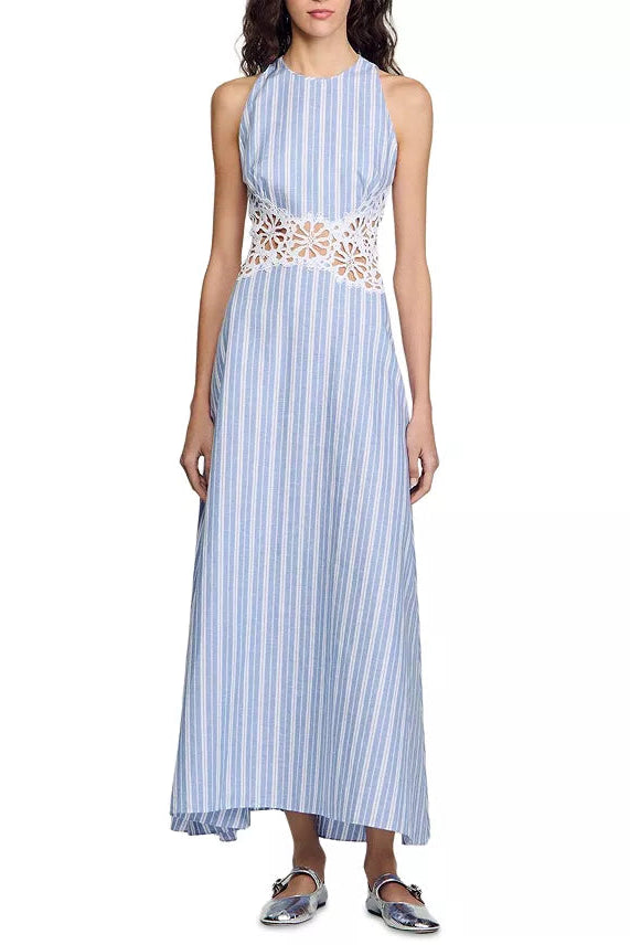 HOLLOW LACE TRIM BLUE MAXI DRESS