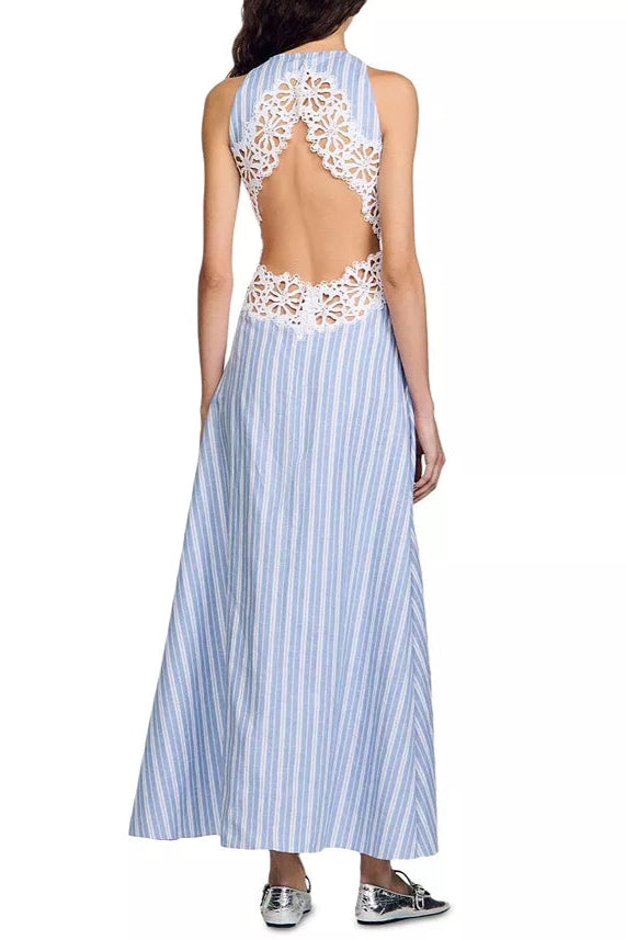 HOLLOW LACE TRIM BLUE MAXI DRESS
