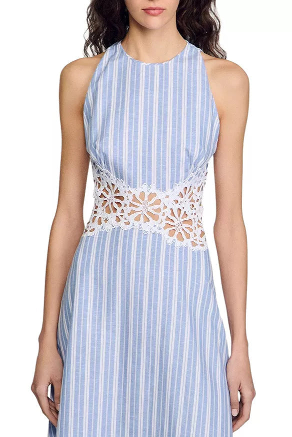 HOLLOW LACE TRIM BLUE MAXI DRESS