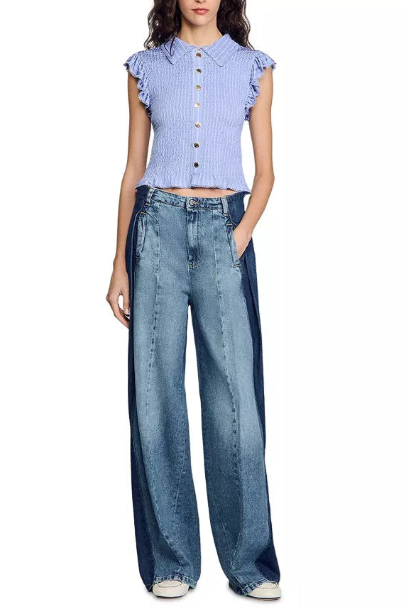 SATIN SMOCKED SKY BLUE TOP FOR WEDDING GUEST