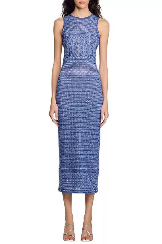HOLLOW STRIPED SLEEVELESS KNIT MIDI DRESS, ROYAL BLUE