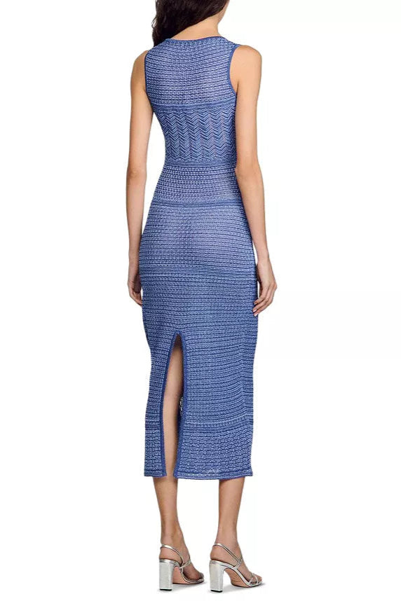 HOLLOW STRIPED SLEEVELESS KNIT MIDI DRESS, ROYAL BLUE