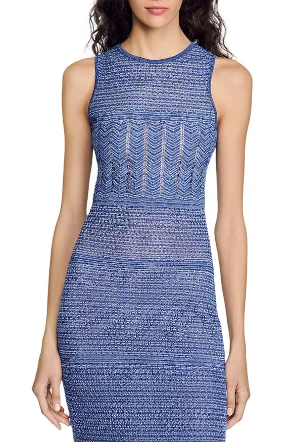 HOLLOW STRIPED SLEEVELESS KNIT MIDI DRESS, ROYAL BLUE
