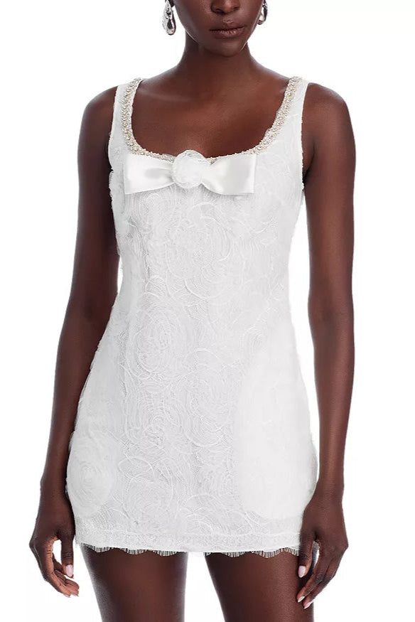 WHITE BOW TULLE LACE MINI DRESS
