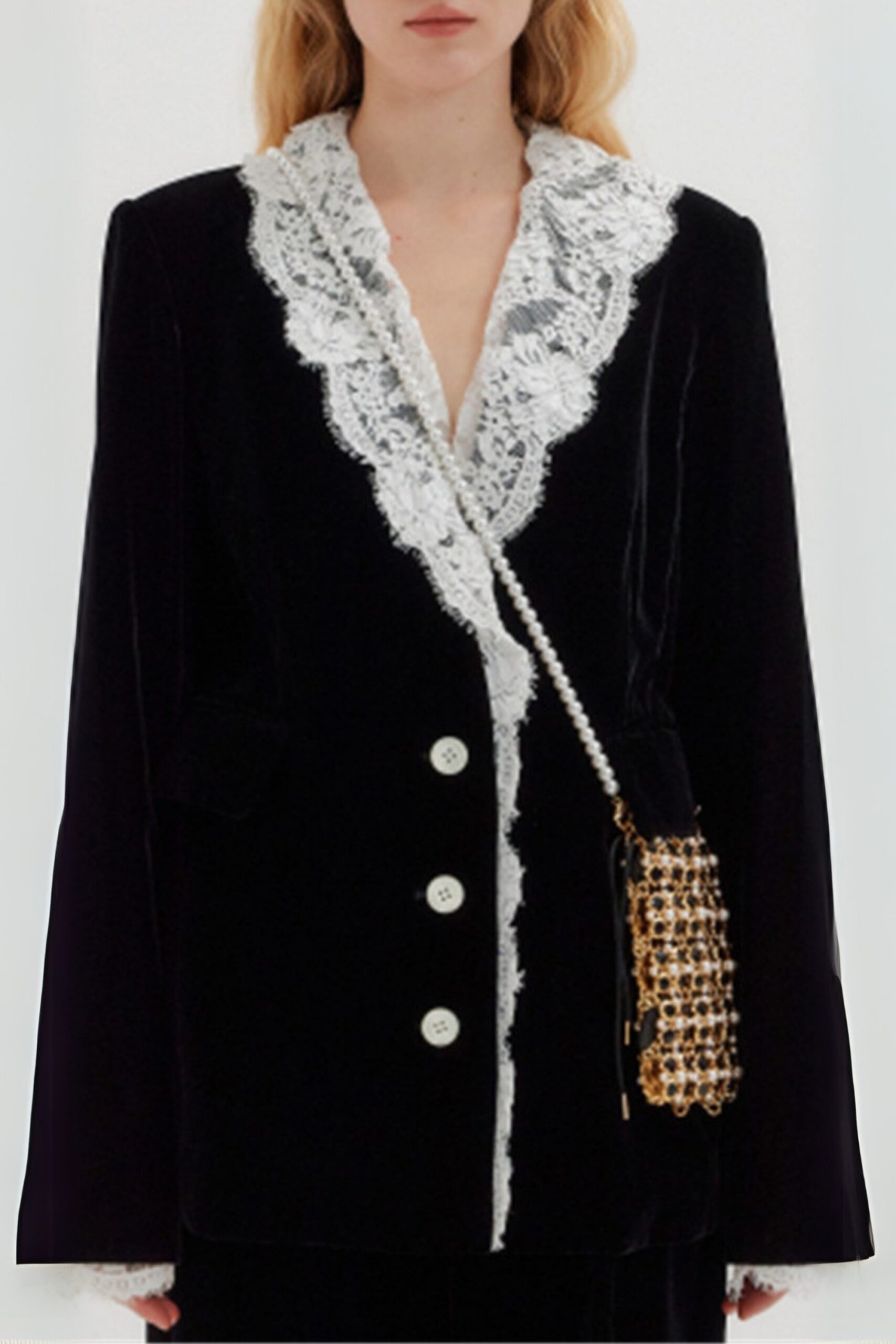 147_23bd5d61-526c-482d-8d75-3b091094c755 BLACK LACE-NECK VELVET BLAZER, FORMAL WEDDING