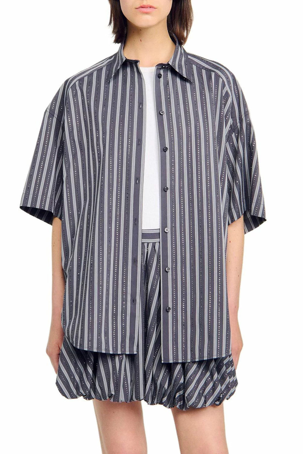 OVERSIZED STRIPED RHINESTONE PARTY SHIRT GREY