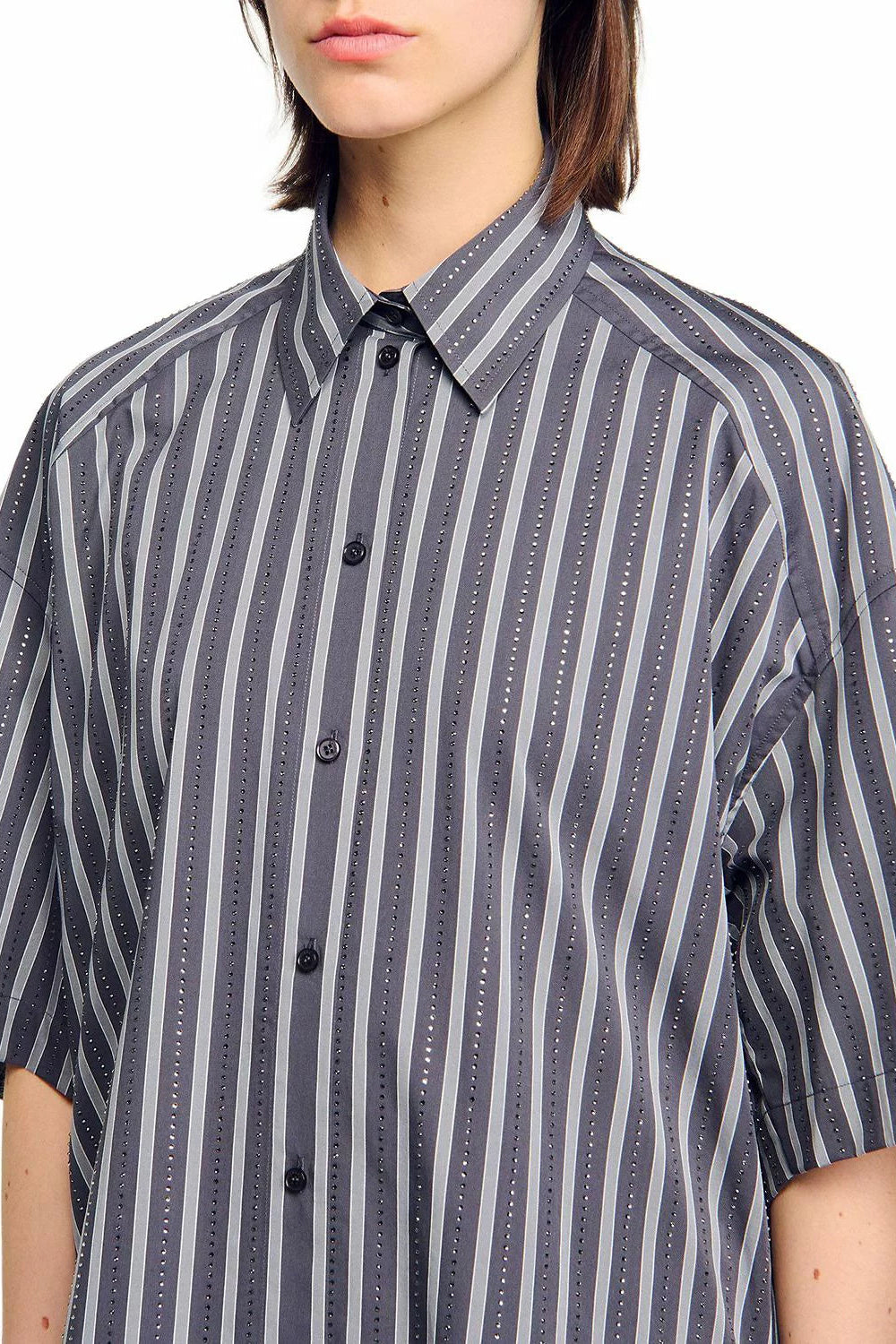OVERSIZED STRIPED RHINESTONE PARTY SHIRT GREY
