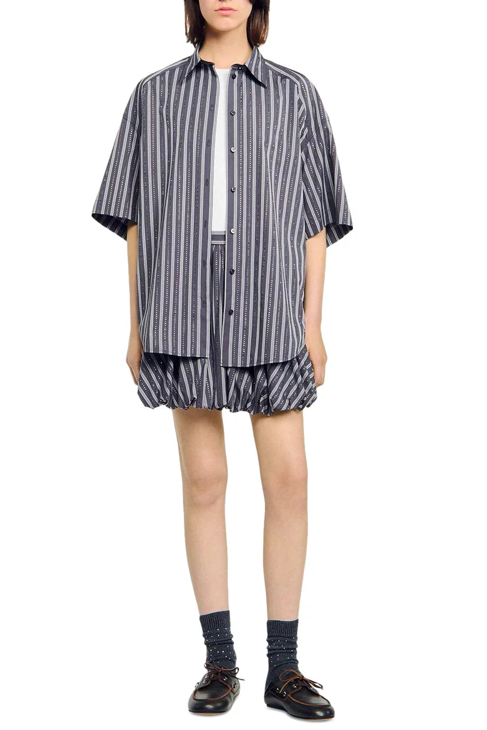 OVERSIZED STRIPED RHINESTONE PARTY SHIRT GREY