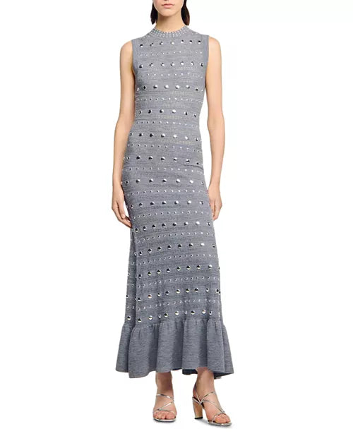 VALERIE STUDDED KNIT SLEEVELESS MIDI DRESS GRAY