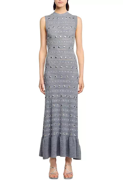 VALERIE STUDDED KNIT SLEEVELESS MIDI DRESS GRAY
